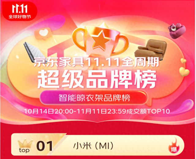 前三 米家智能晾衣机双11京东成交额TOP1凯发k8国际娱乐首选6大单品上榜 包揽金榜(图3)